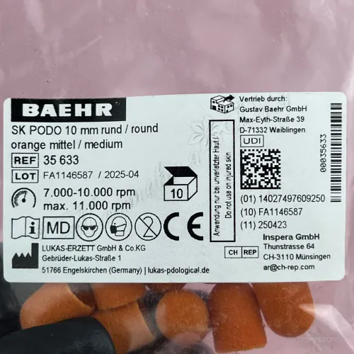 Baehr Шлифовочные колпачки/барабаны для педикюра со средним абразивом(150 грит) Ф10 мм, 35633, 10 шт.