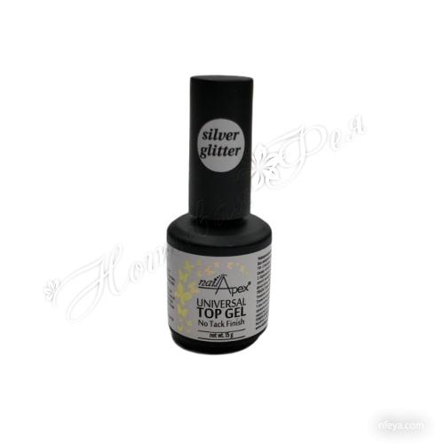 Nail Apex Top Silver Glitter Универсальный топ без липкого слоя с бело-серебристым шиммером, 15 г