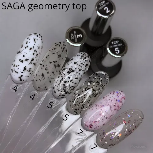 Saga Gel polish TOP (хлопья №4,№5, Leaf Gold, Leaf Silver,Geometry) топ для гель-лака, 8мл