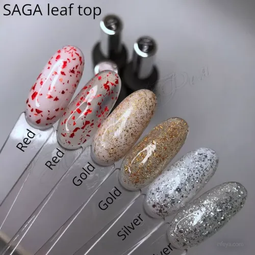 Saga Gel polish TOP (пластівні № 4, № 5, Leaf Gold, Leaf Silver, Geometry) топ для гель-лаку, 8мл